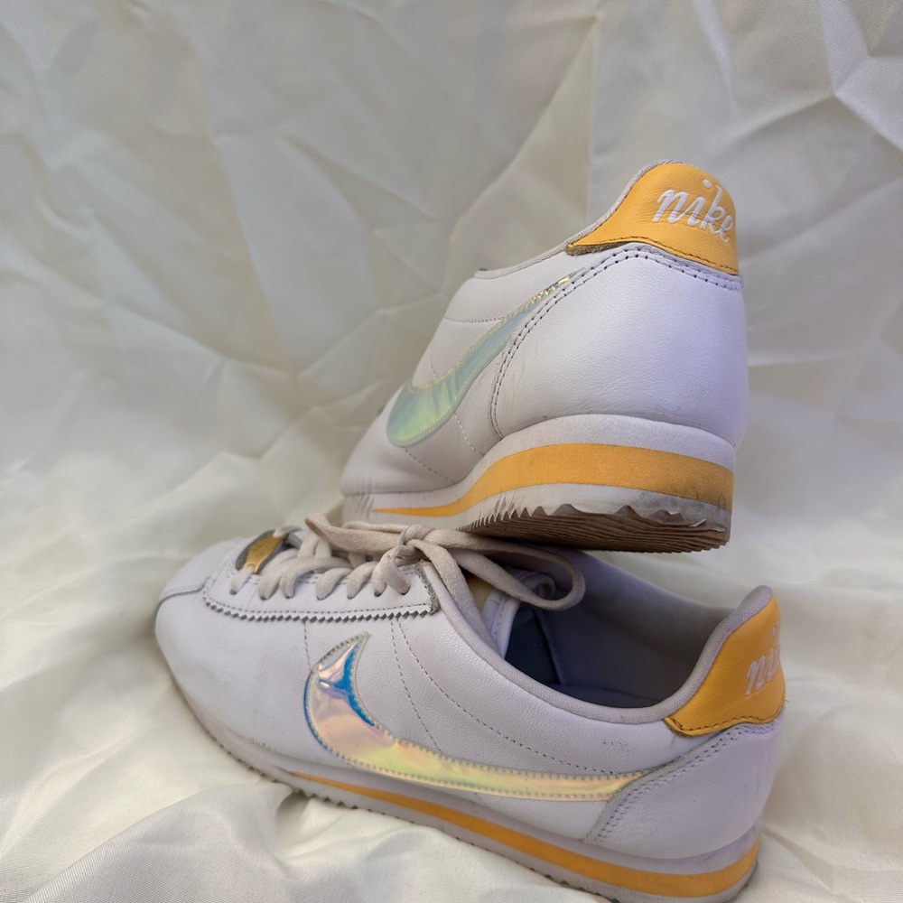 Nike Women's Cortez White and Yellow Sneakers with Iridescent Swoosh